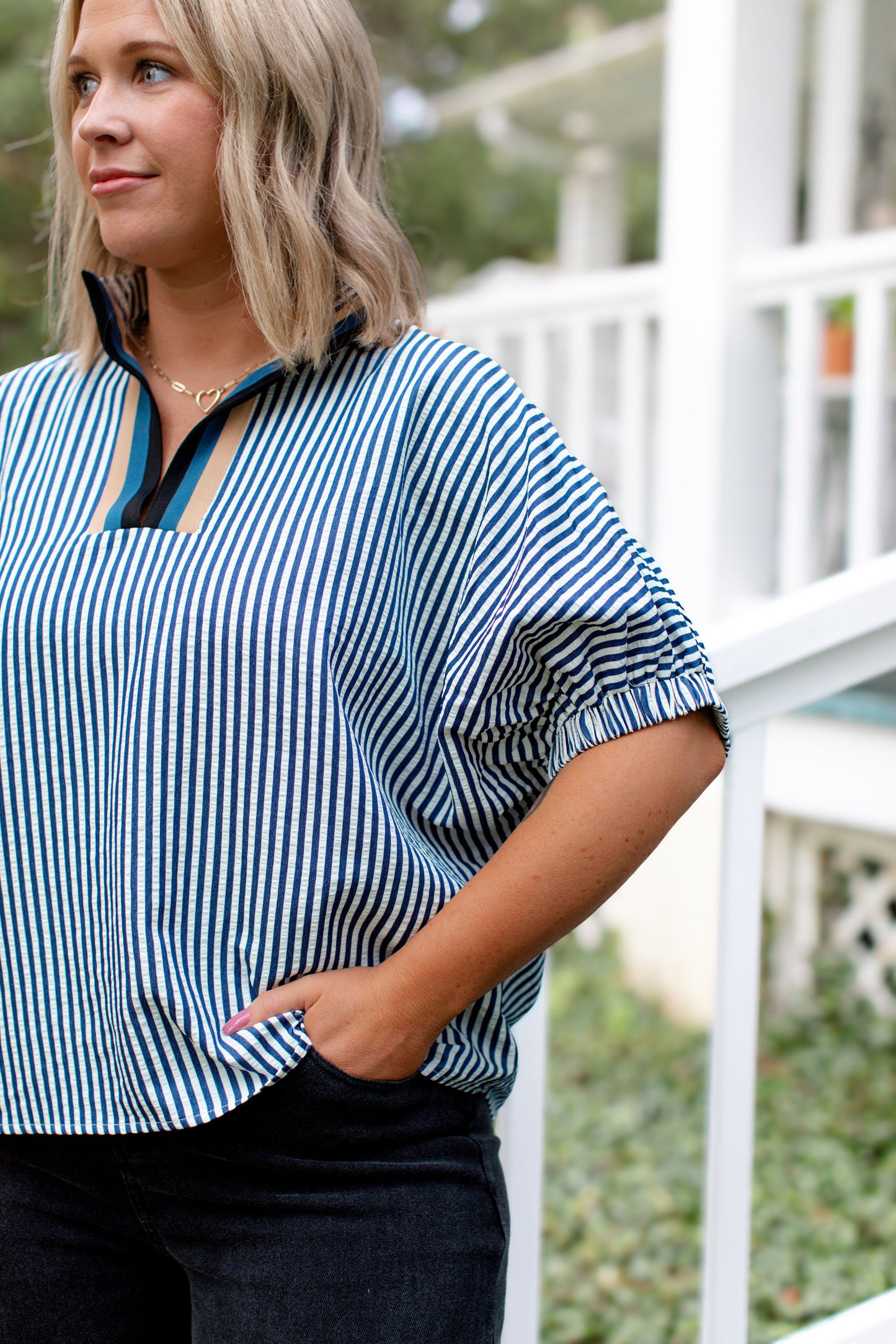 Collard Navy And White Striped V-Neck Blouse