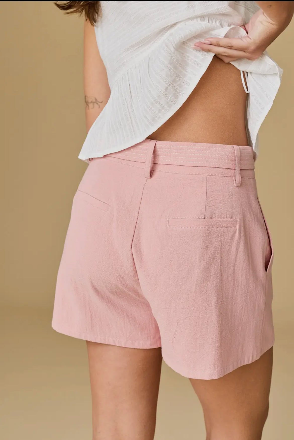 Pink Pleated Linen Shorts