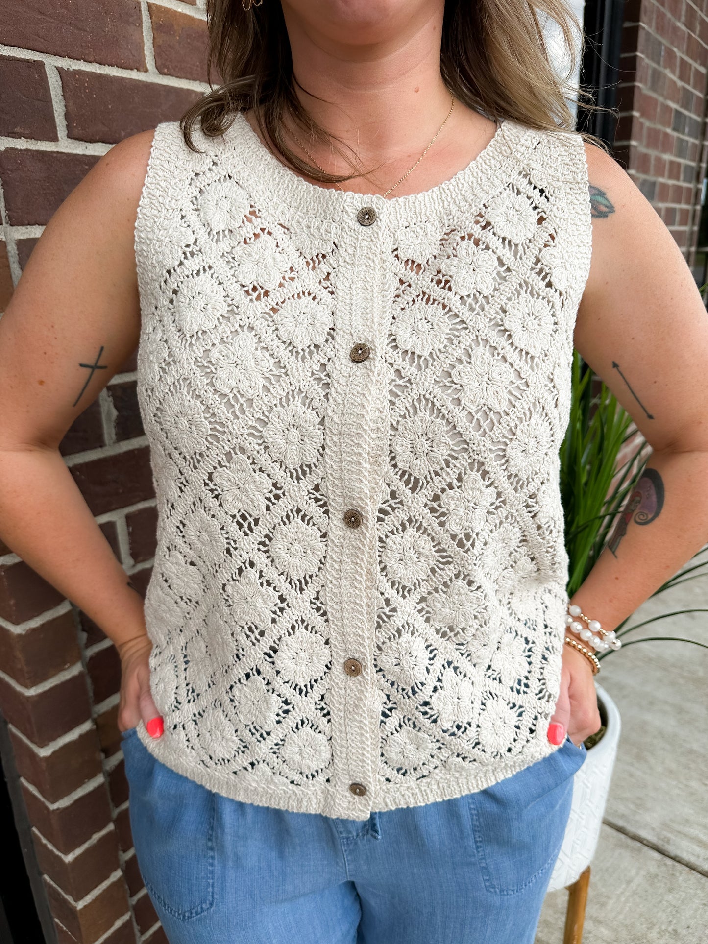 Crotchet Button Up Sleeveless Vest