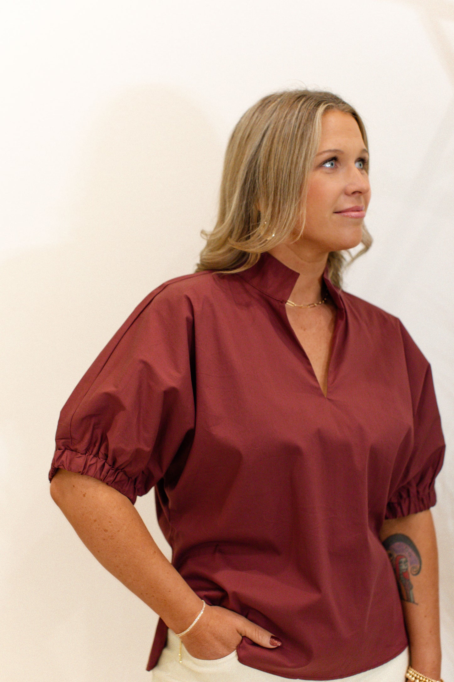 Wine Puff Sleeve Top With Standing Collar