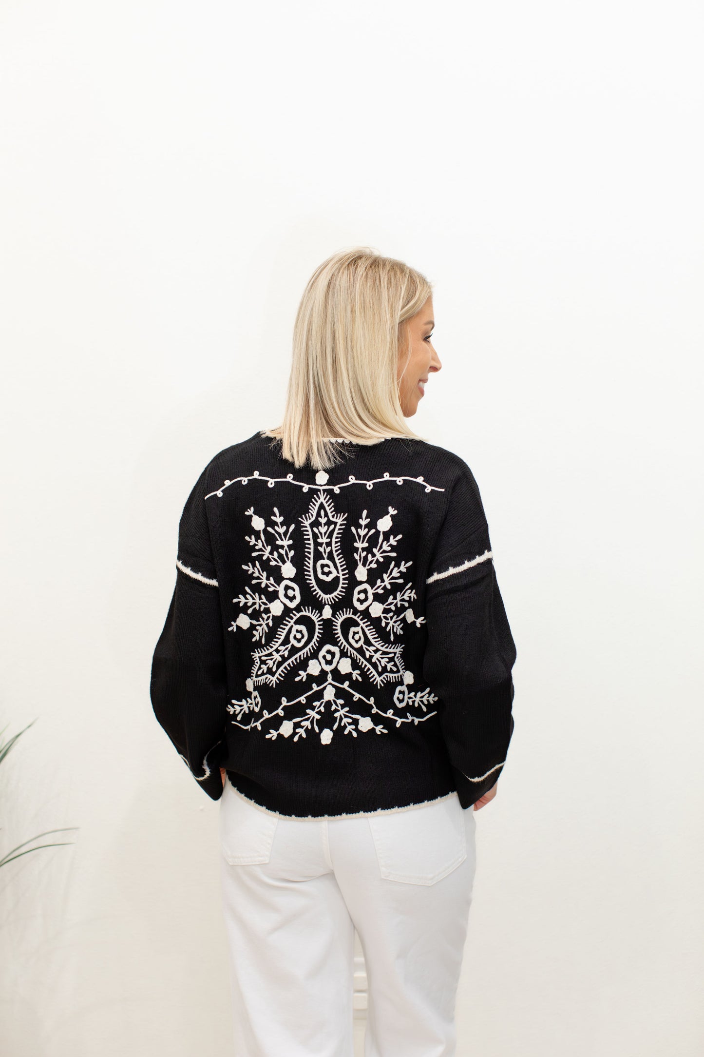 Ribbed V-Neck Notched Soutache Sweater