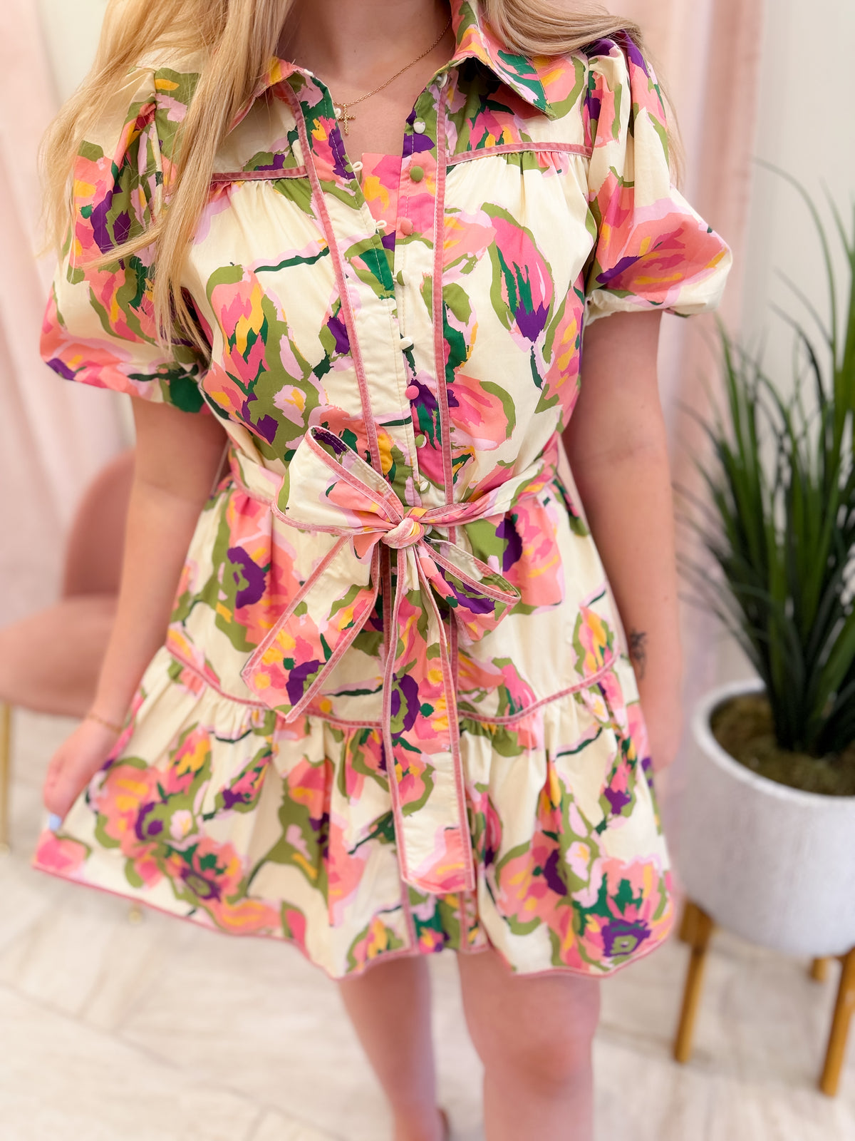 Floral Print Puff Sleeve Belted Dress