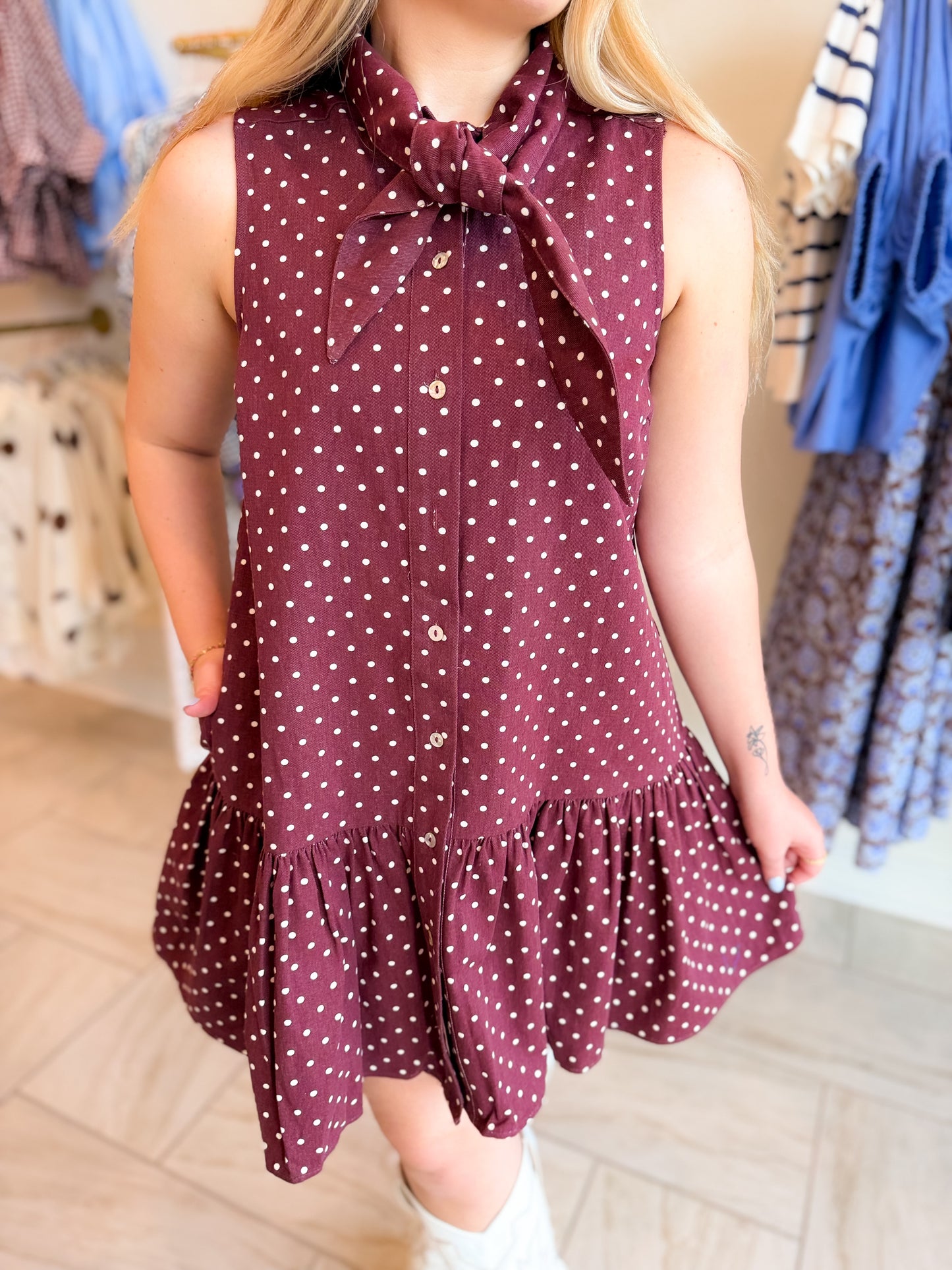 Burgundy Polka Dot Sleeveless Mini Dress
