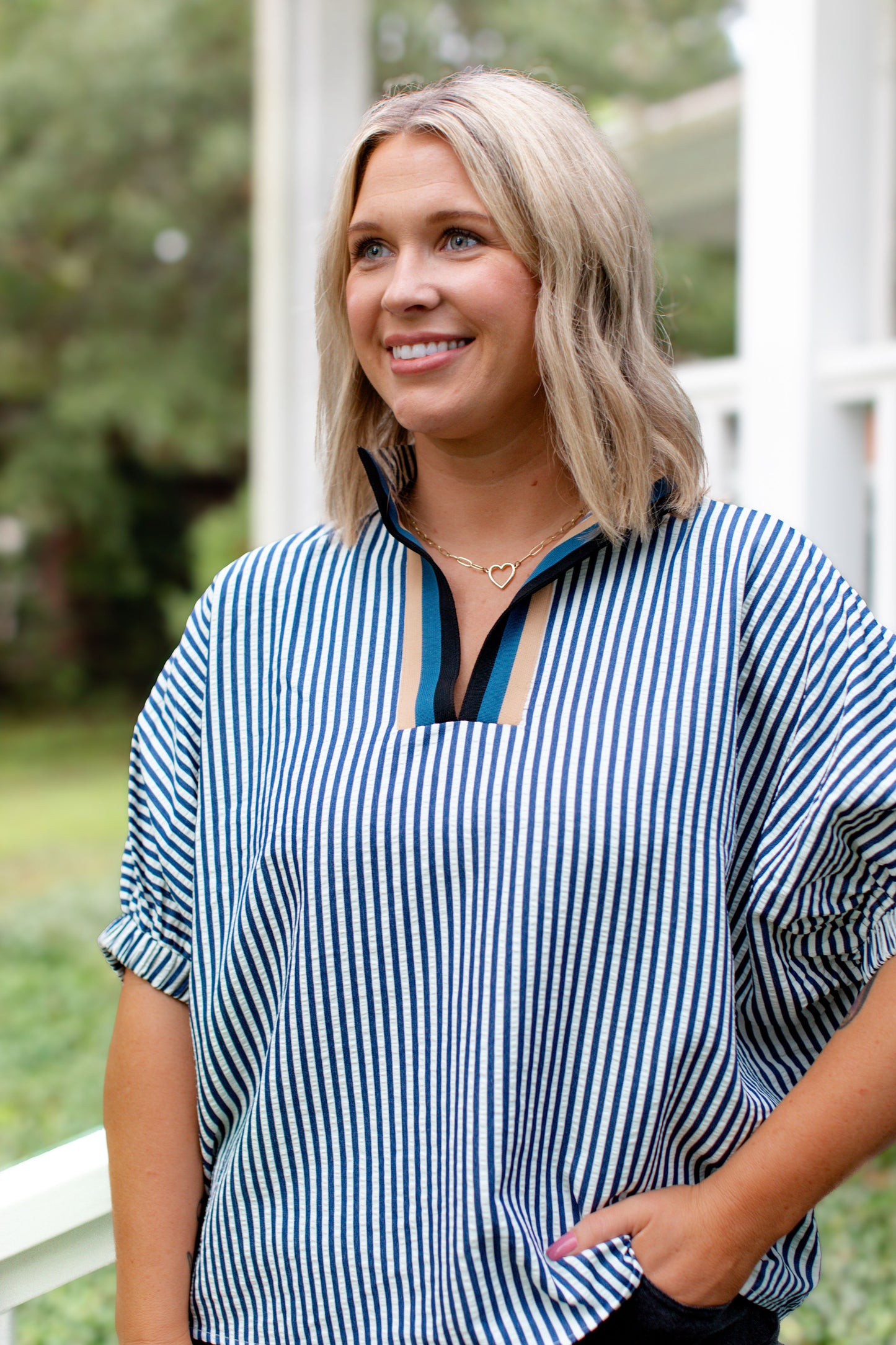 Collard Navy And White Striped V-Neck Blouse