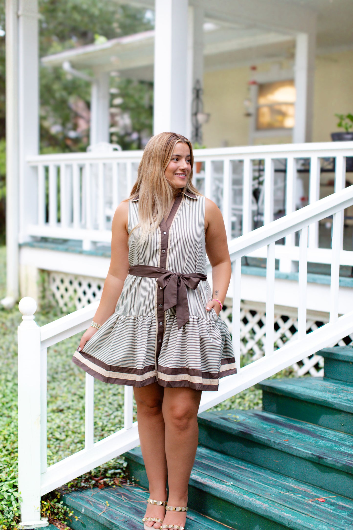 Mocha And Cream Striped Collard V-Neck Button Down Dress With Tie Belt