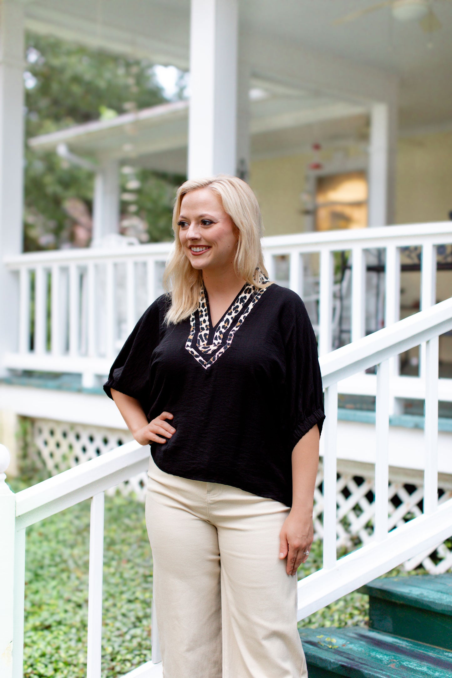Black Cheetah Print V-Neck Blouse