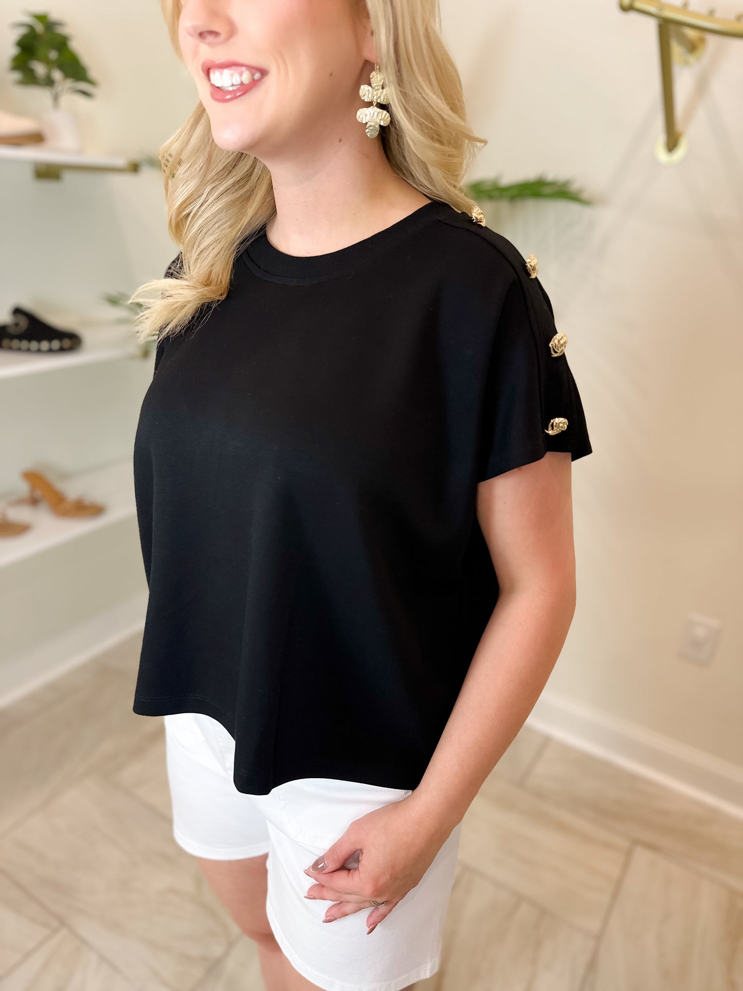Round Neck Short Sleeve Top - Black