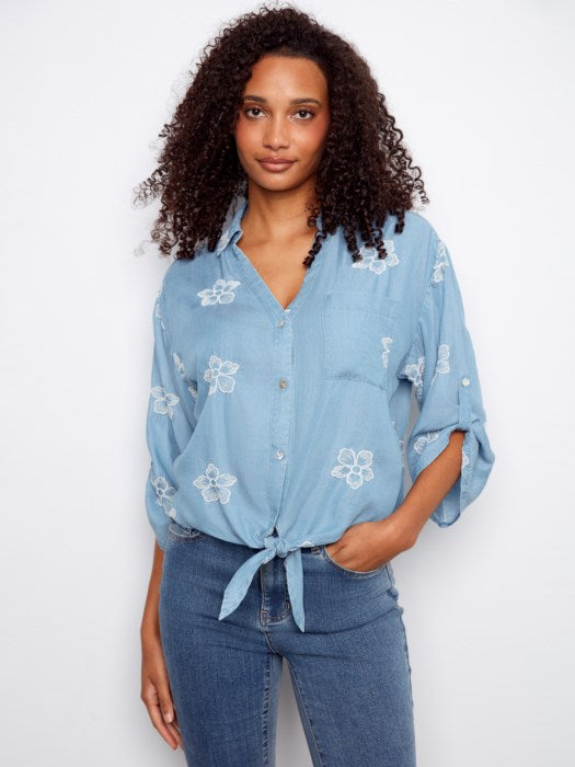 3/4 Rolled Up Sleeves Blouse With Floral Embroidery And Front Tie