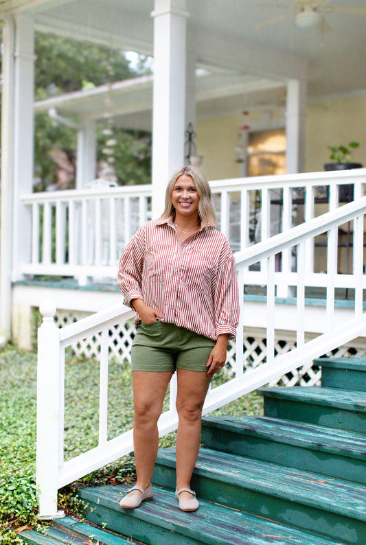 Rust And Cream Striped Collard Button Down Top With Deep Front Pockets
