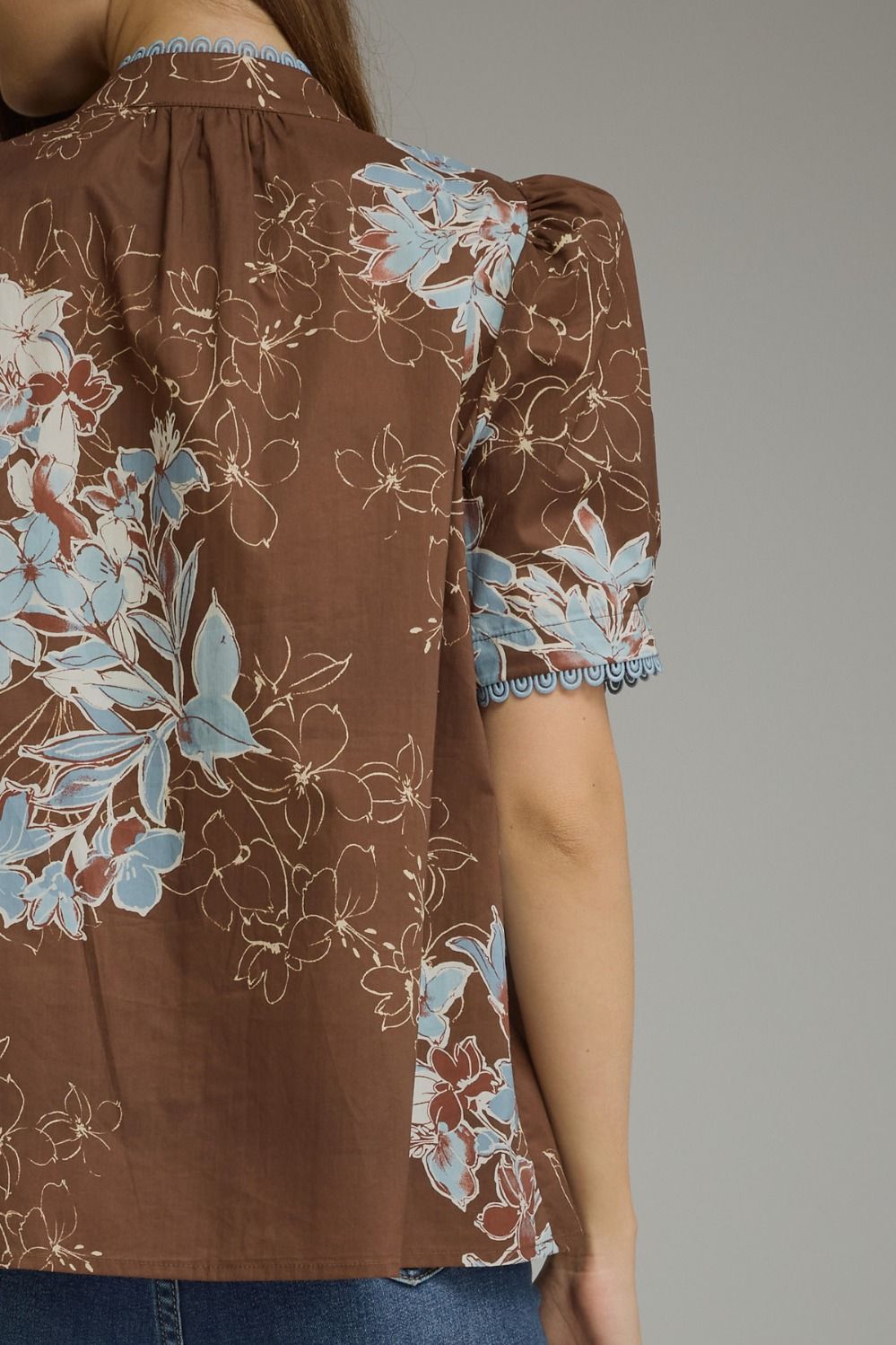 Brown Floral Print Puff Sleeve Top