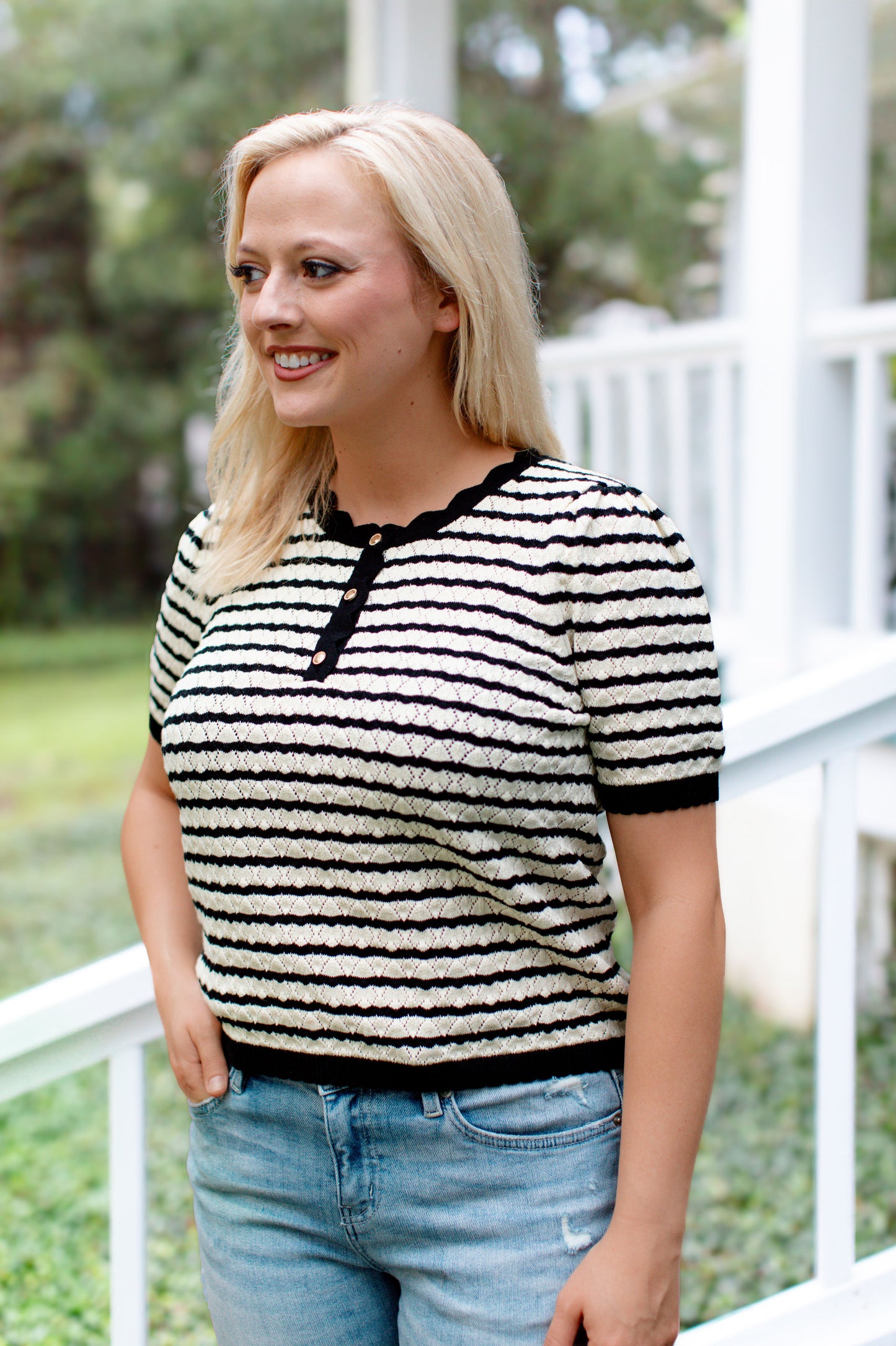 Black Stripe Scallop Neck Sweater Top