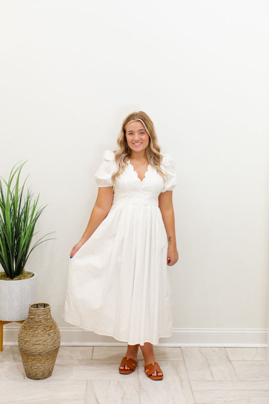 V Neckline Scalloped Detail Midi Dress