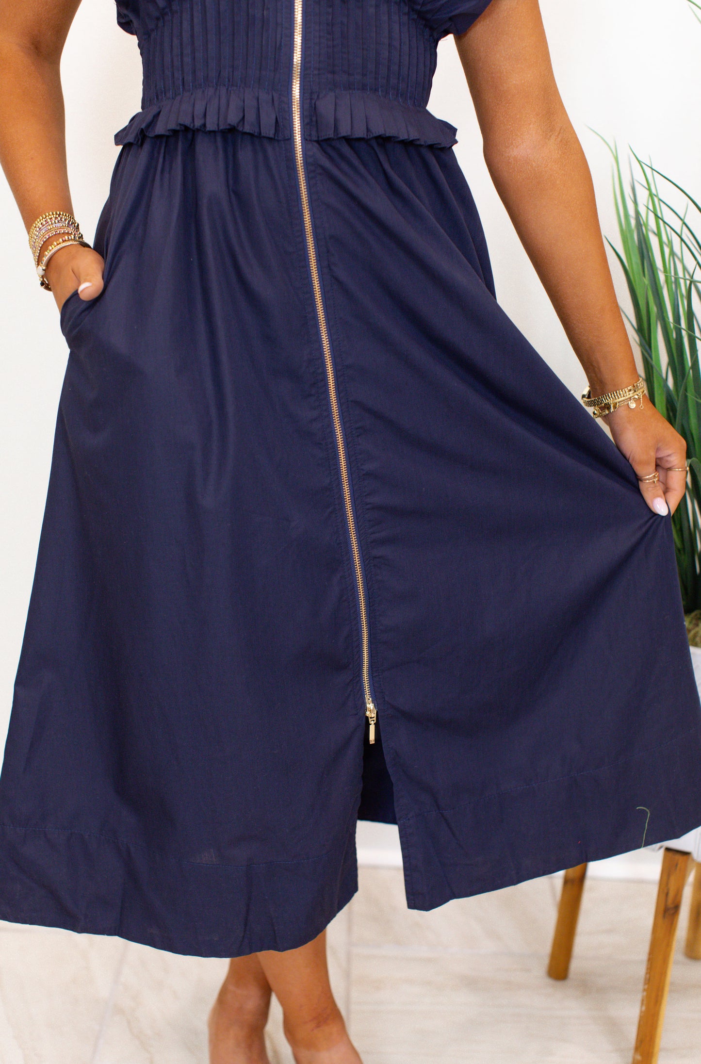 Solid Short Sleeve Midi Dress - Navy