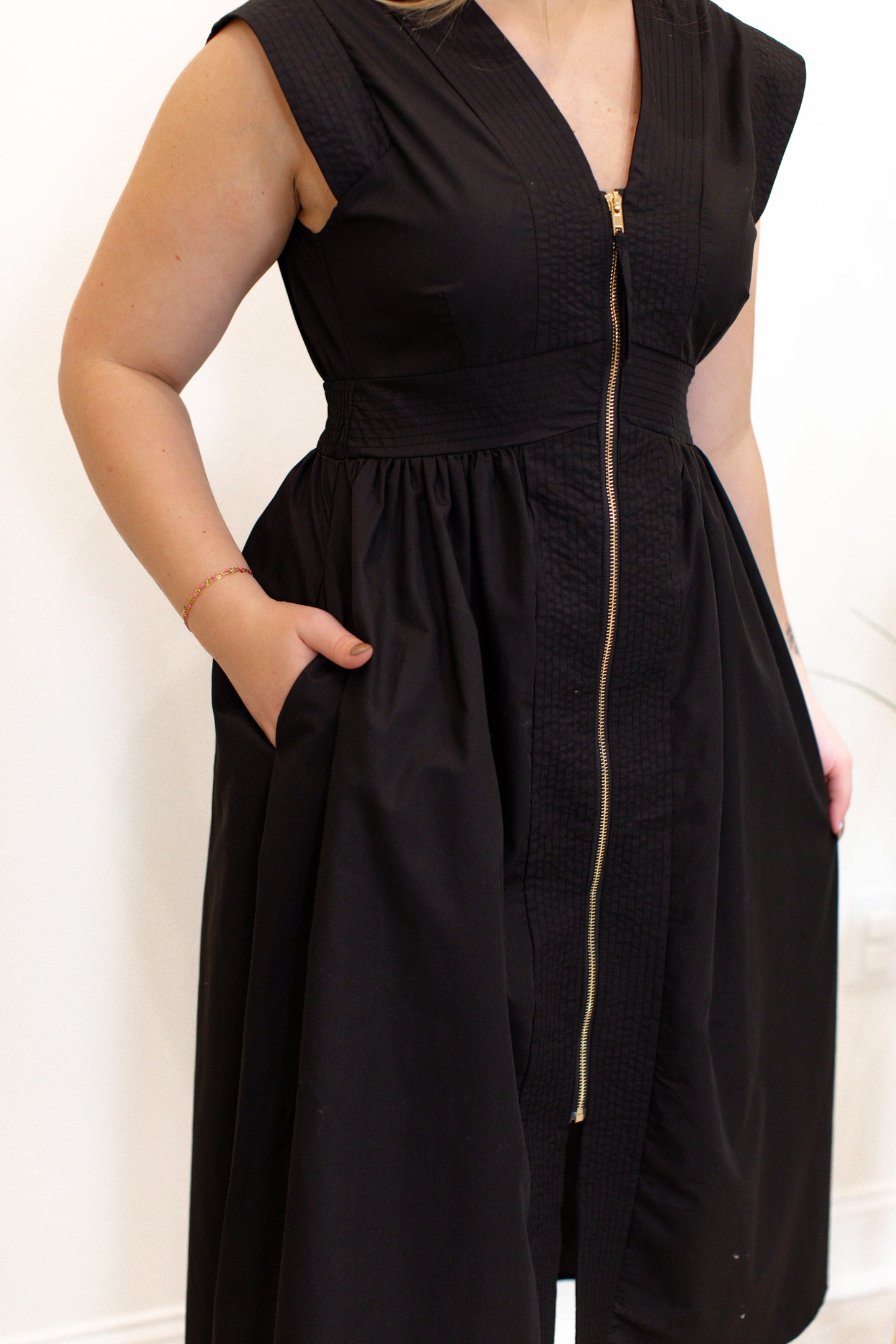 Black V-Neck Zip Up Midi Dress