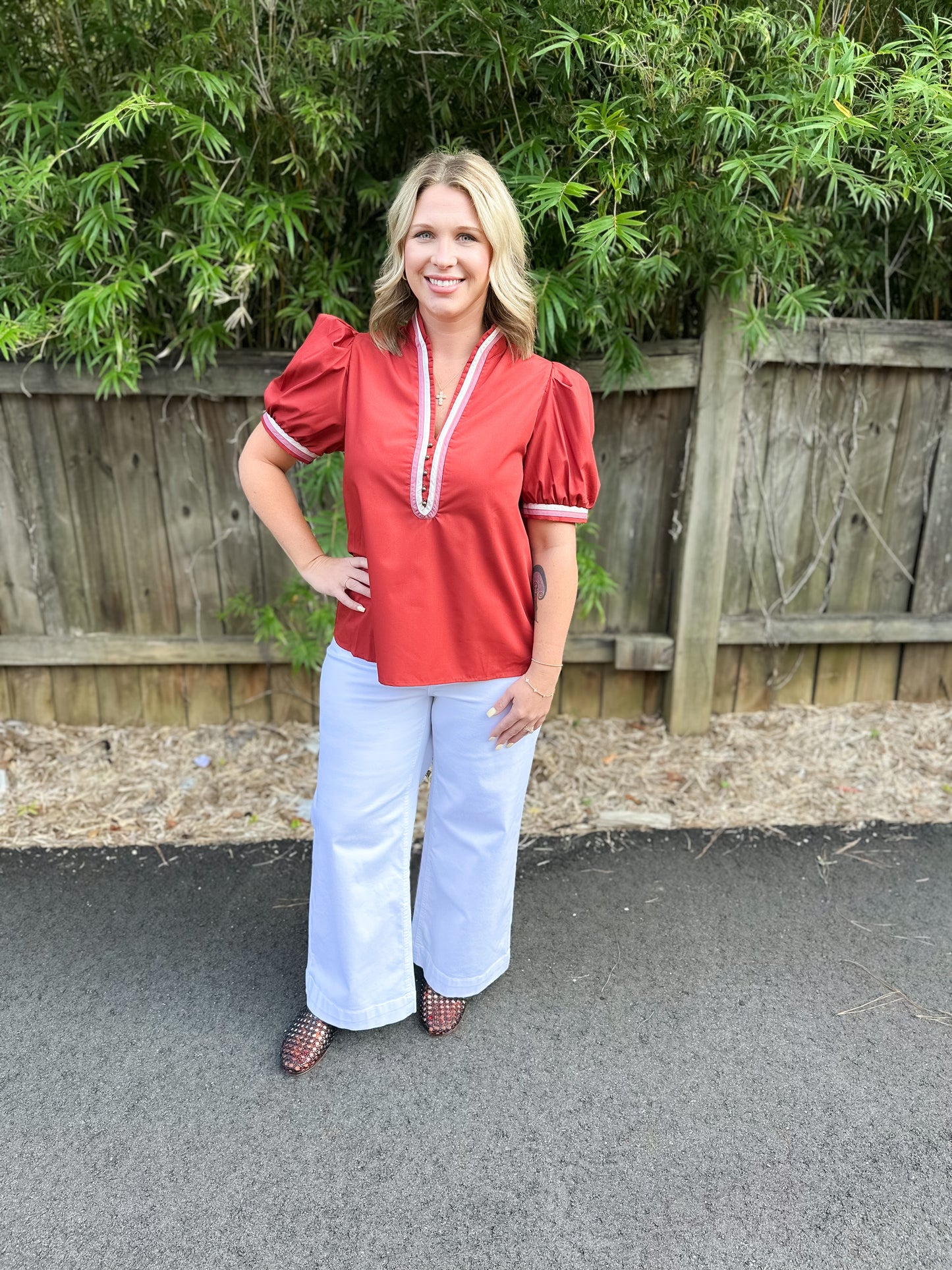 Rust Short Puff Sleeve Top