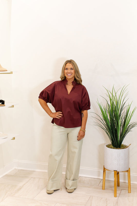 Wine Puff Sleeve Top With Standing Collar