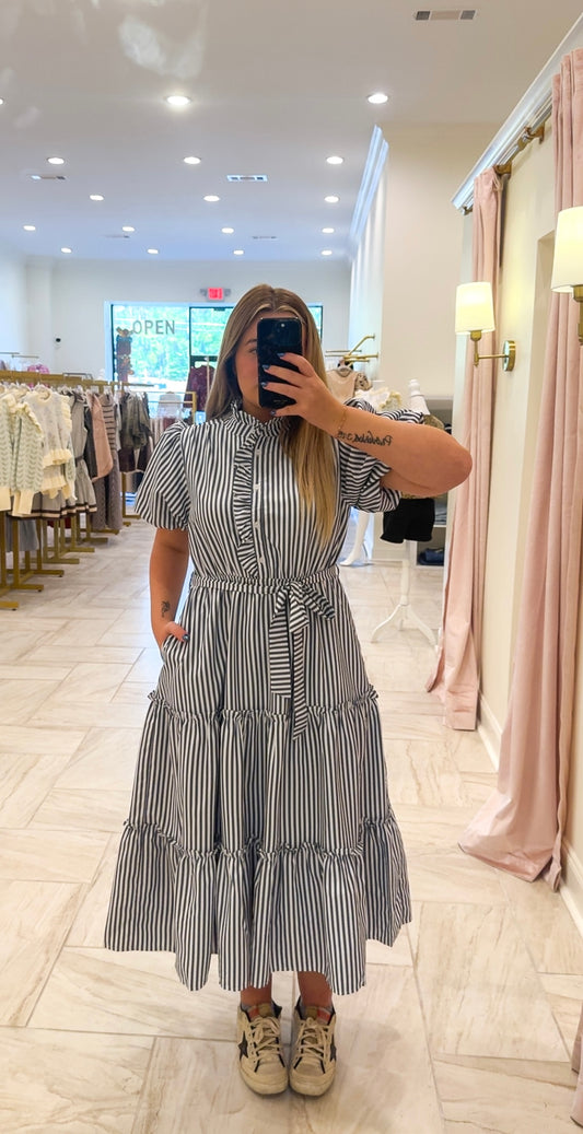 Navy Striped Ruffled Button Down Midi Dress