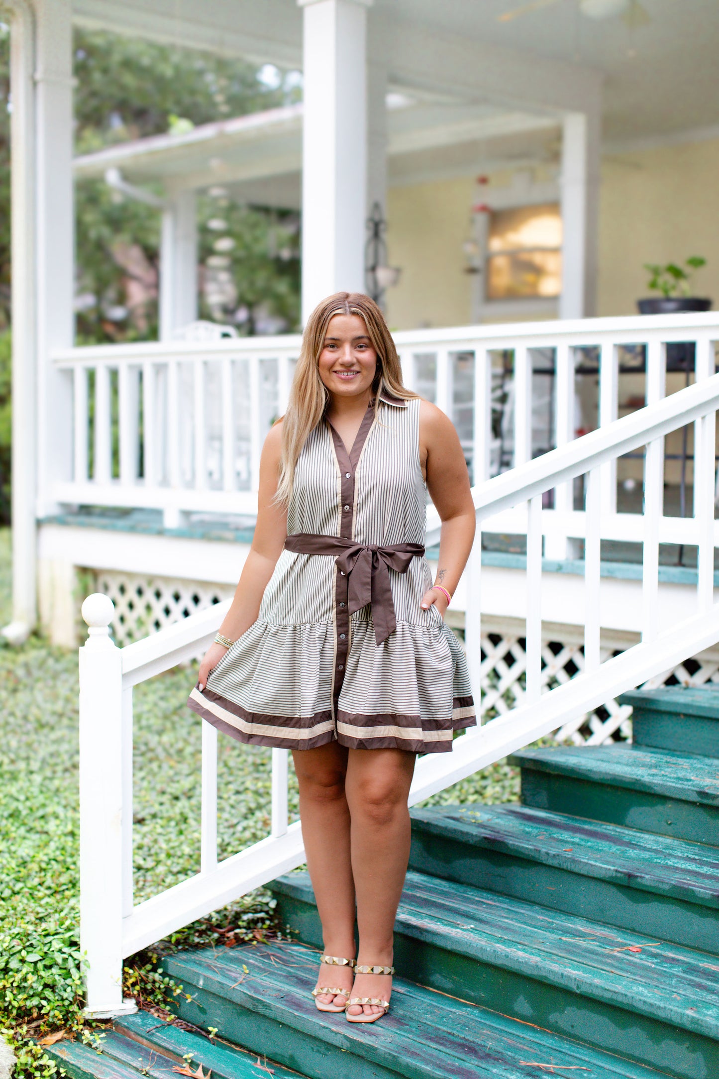 Mocha And Cream Striped Collard V-Neck Button Down Dress With Tie Belt