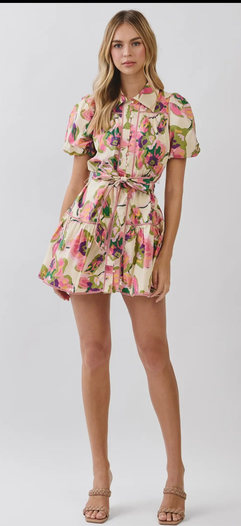 Floral Print Puff Sleeve Belted Dress