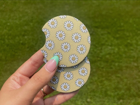 Happy Face Daisy Car Coaster Set