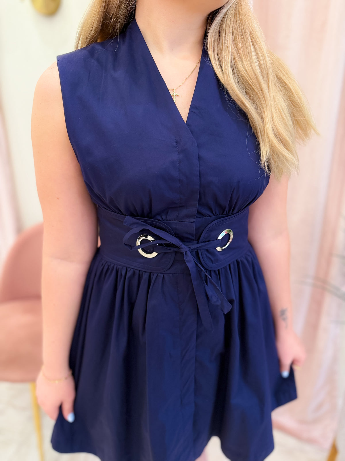 Navy Sleeveless Belt Mini Dress
