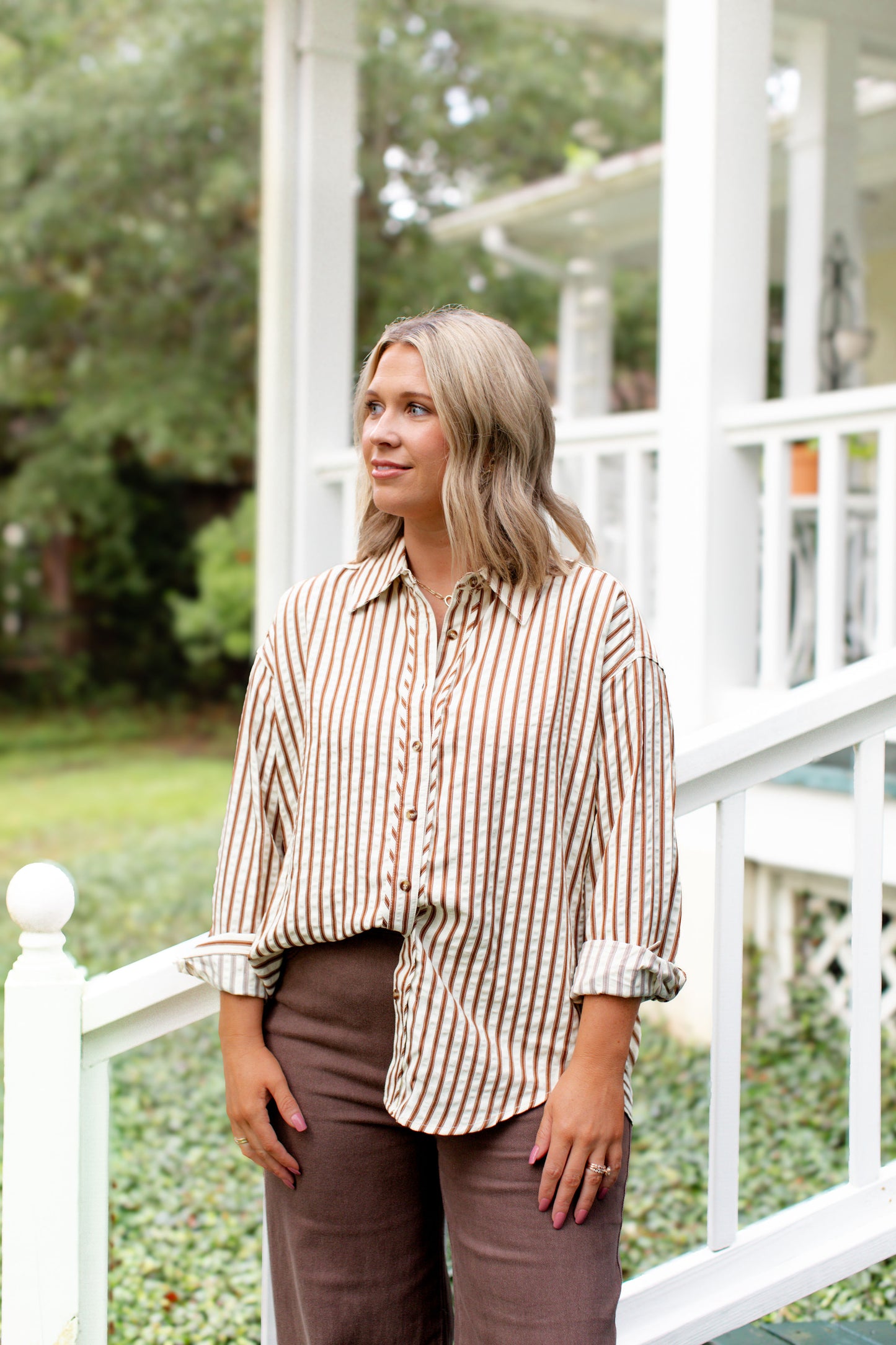 Brown And Cream Stripe Button Down Collard Shirt