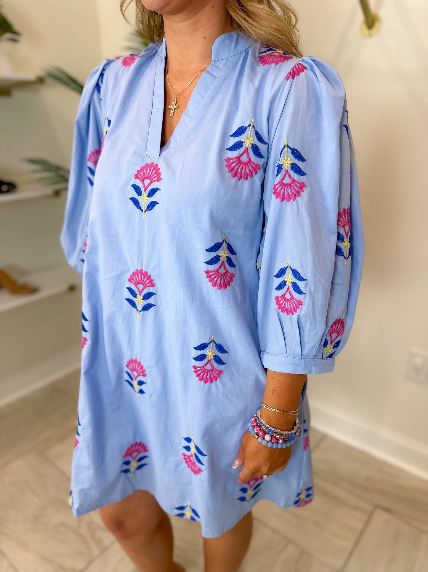 Embroidered 3/4 Puff Sleeve Mini Dress Featuring Split V-neck Band Collar