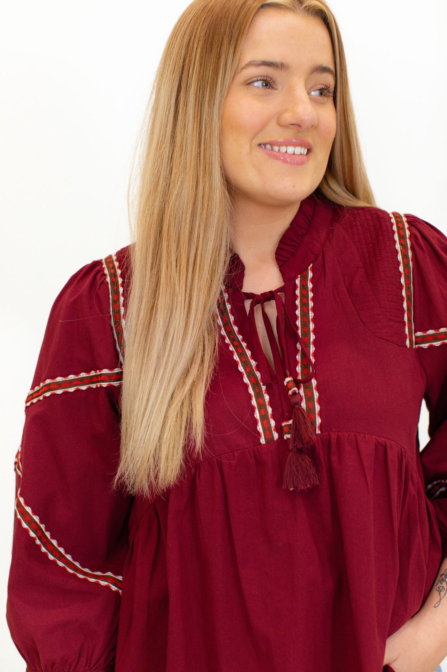 Burgundy Embroidered Trim Babydoll Blouse