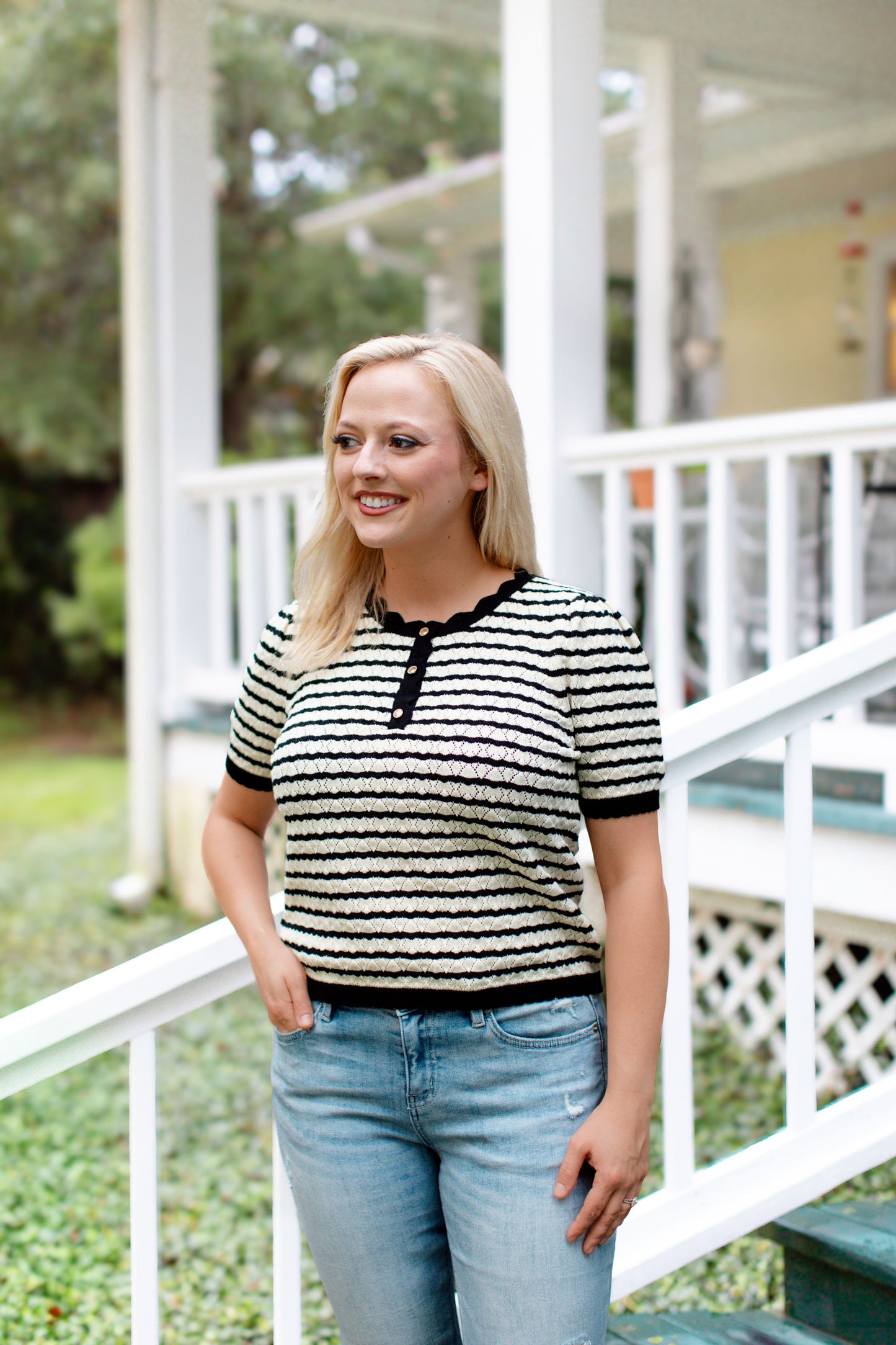Black Stripe Scallop Neck Sweater Top