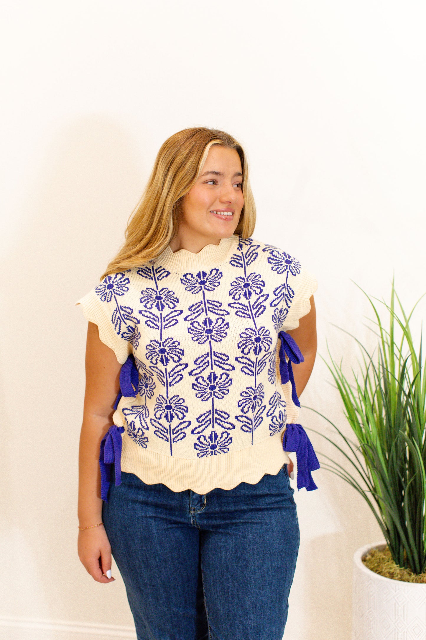 Crown Blue Mock Neck Floral Sweater Vest