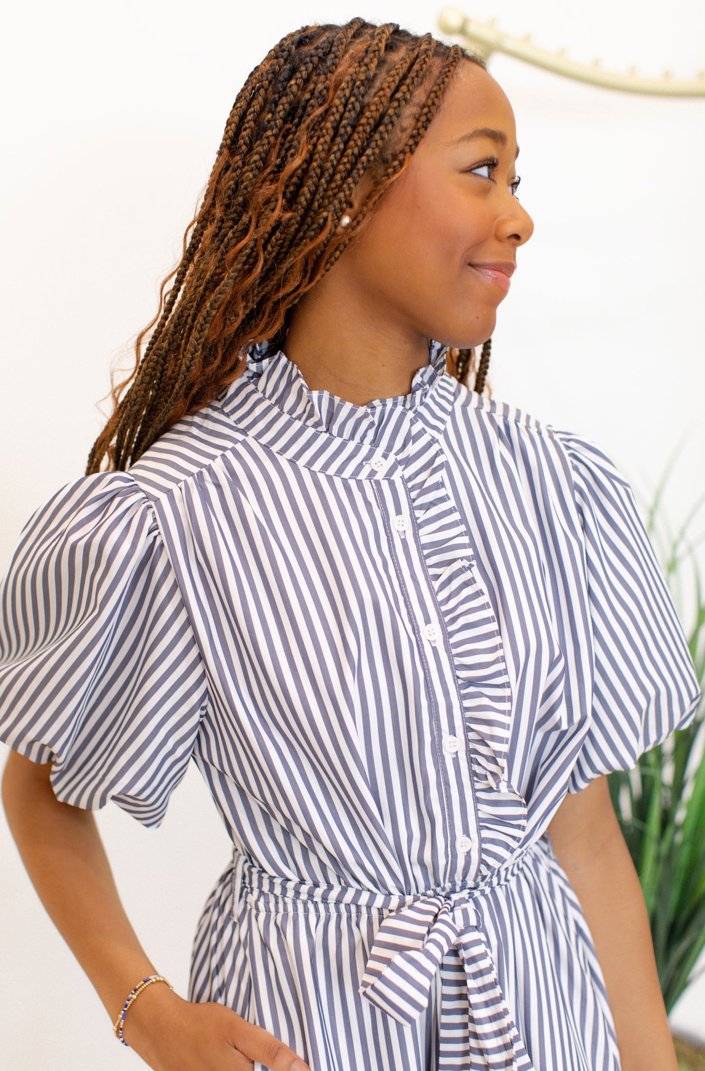 Navy Striped Ruffled Button Down Midi Dress