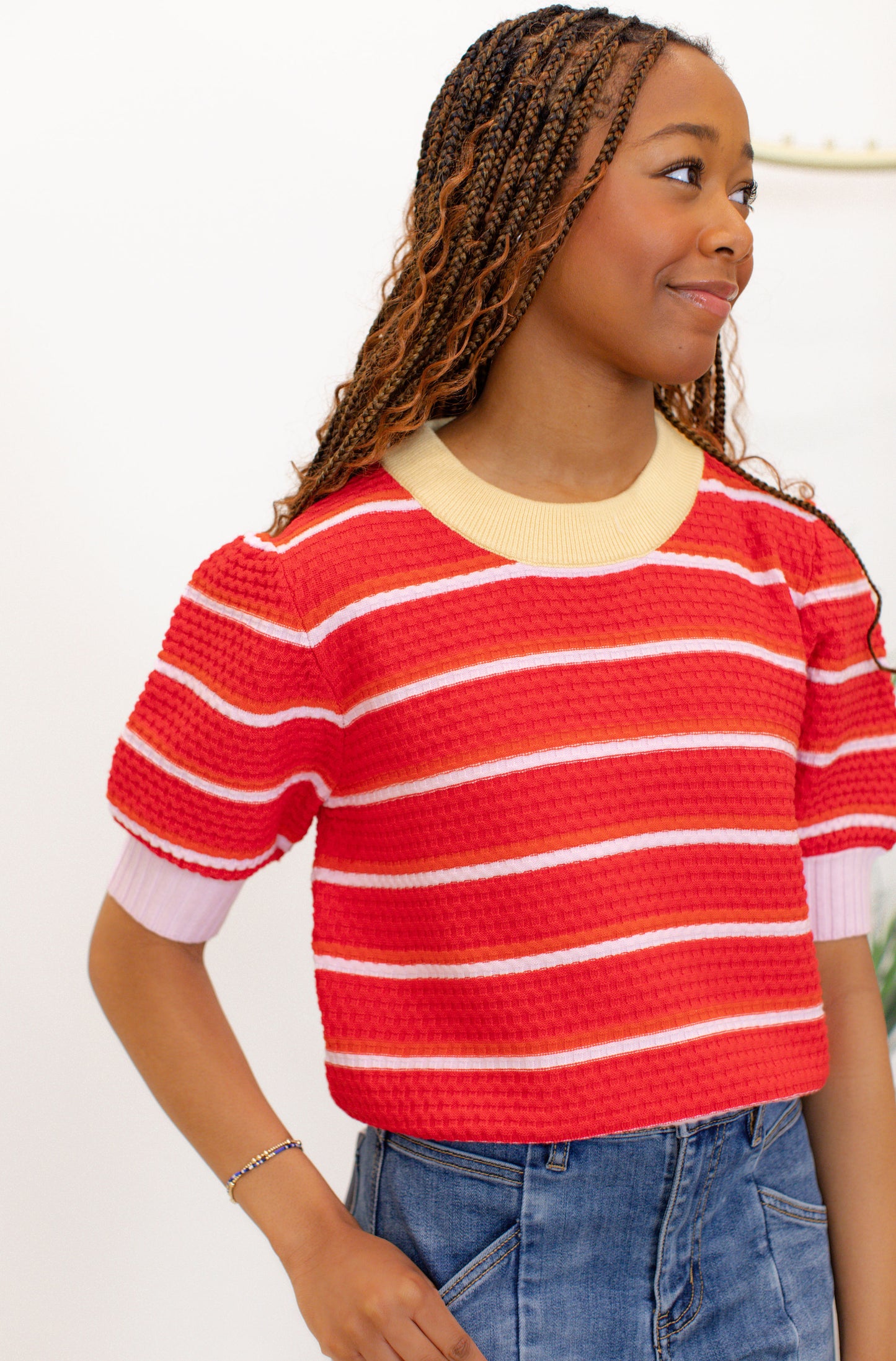 Stripe Colorblock Trim Half Sleeve Sweater Top