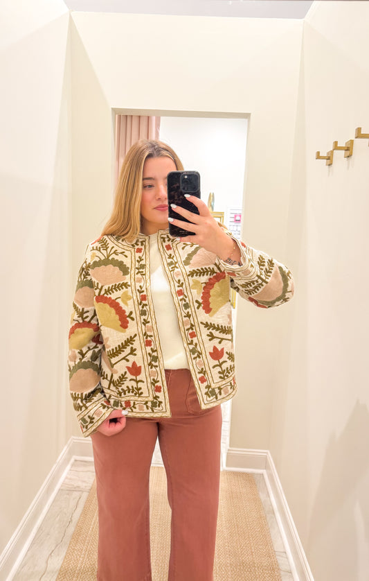 Embroidered Cotton Blend Basketweave Jacket