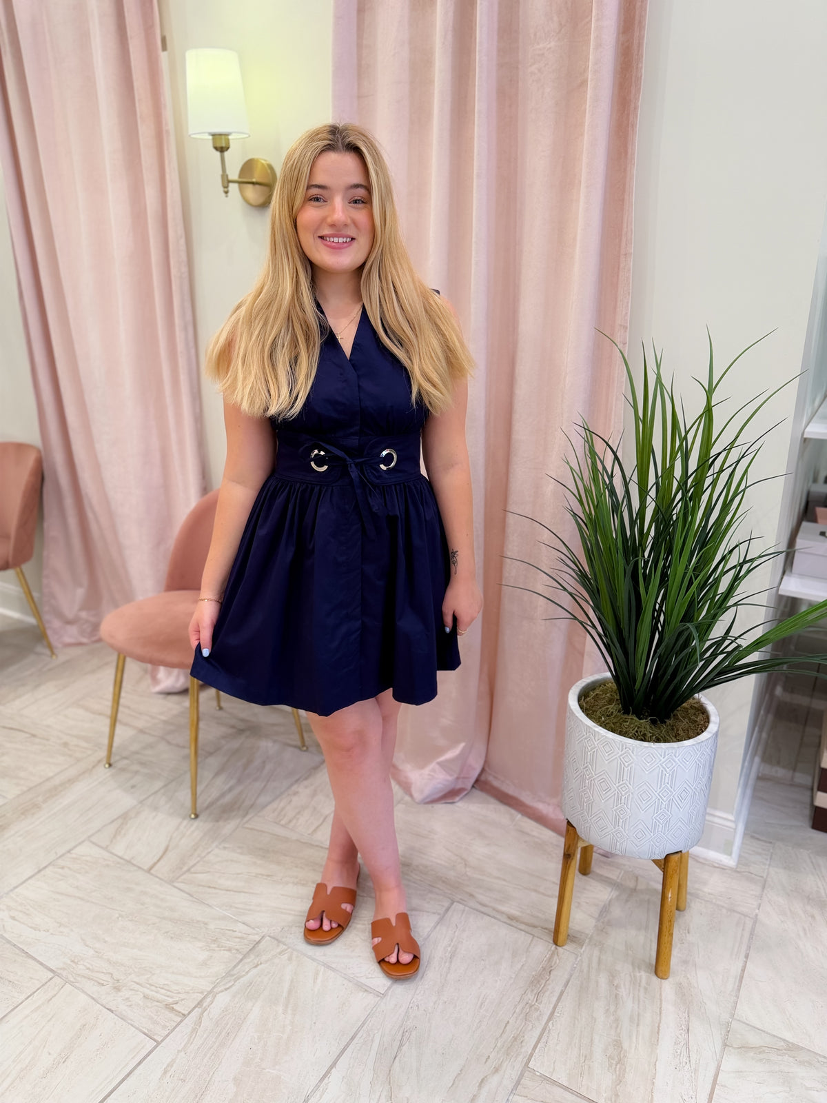 Navy Sleeveless Belt Mini Dress