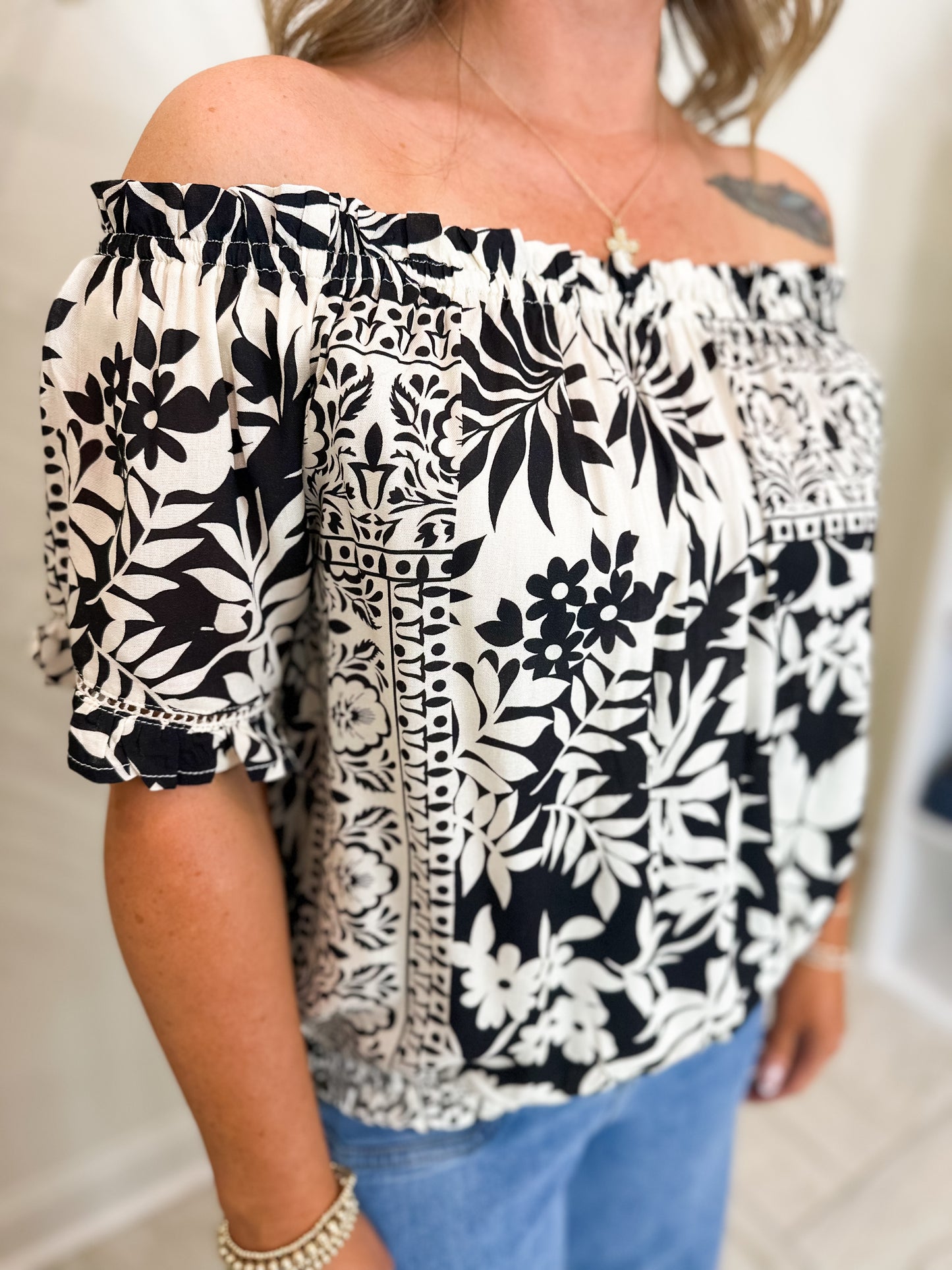 Printed Short Sleeve Off Shoulder Blouse