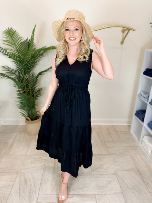 V-Neck Multi-Tiered Long Linen Dress-Black