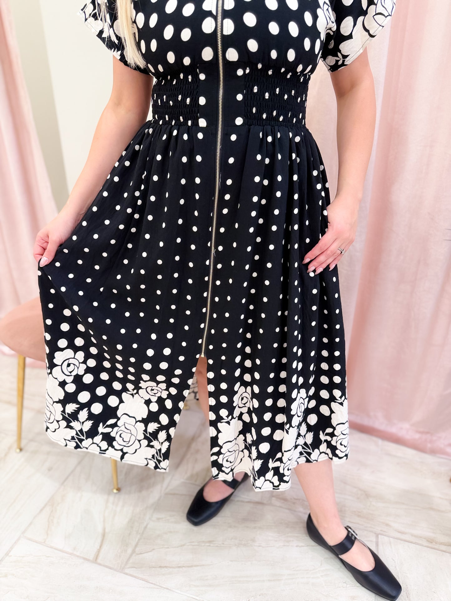 Polka Dot And Floral Print Short Sleeve Midi Dress