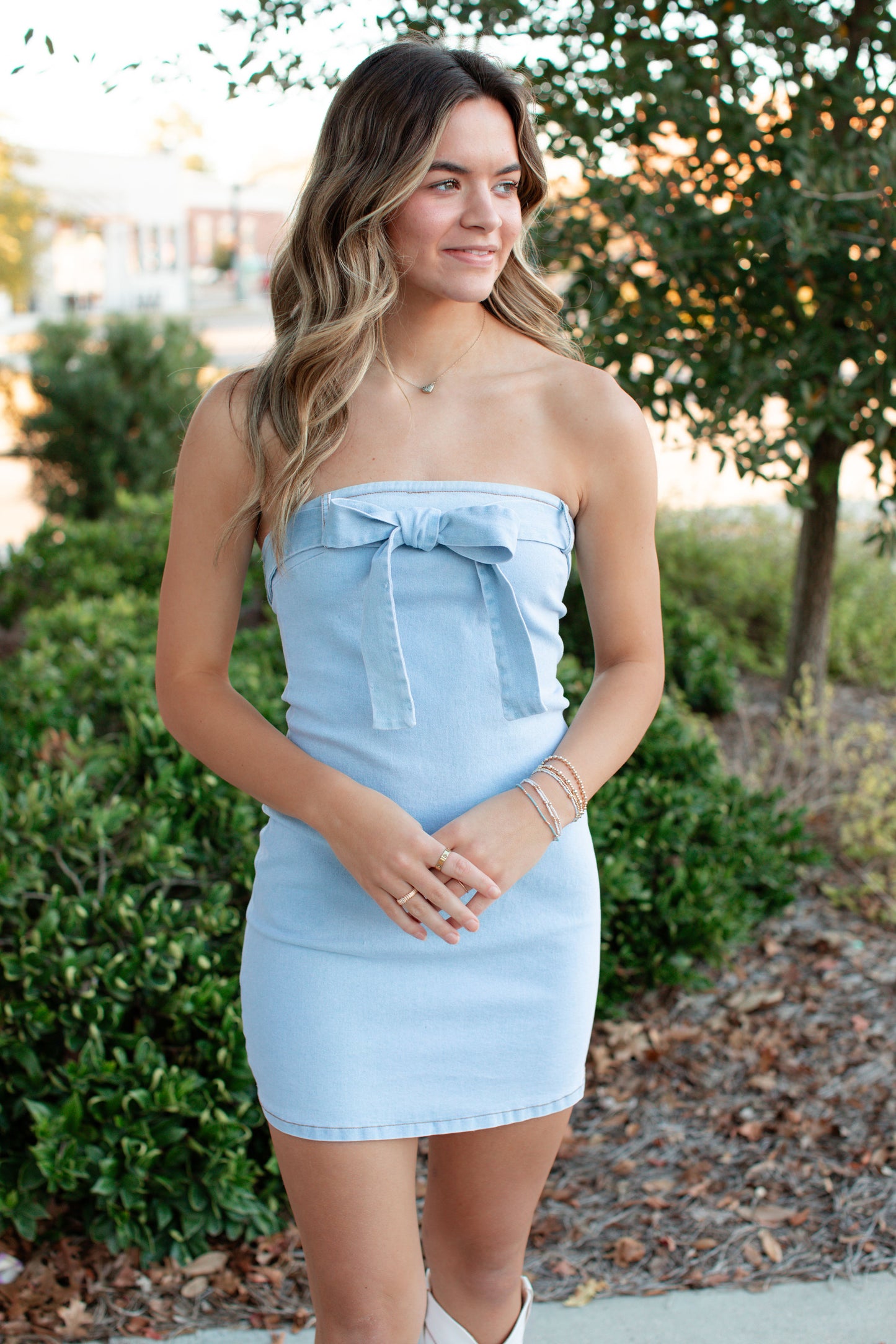 Strapless Bow Denim Mini Dress