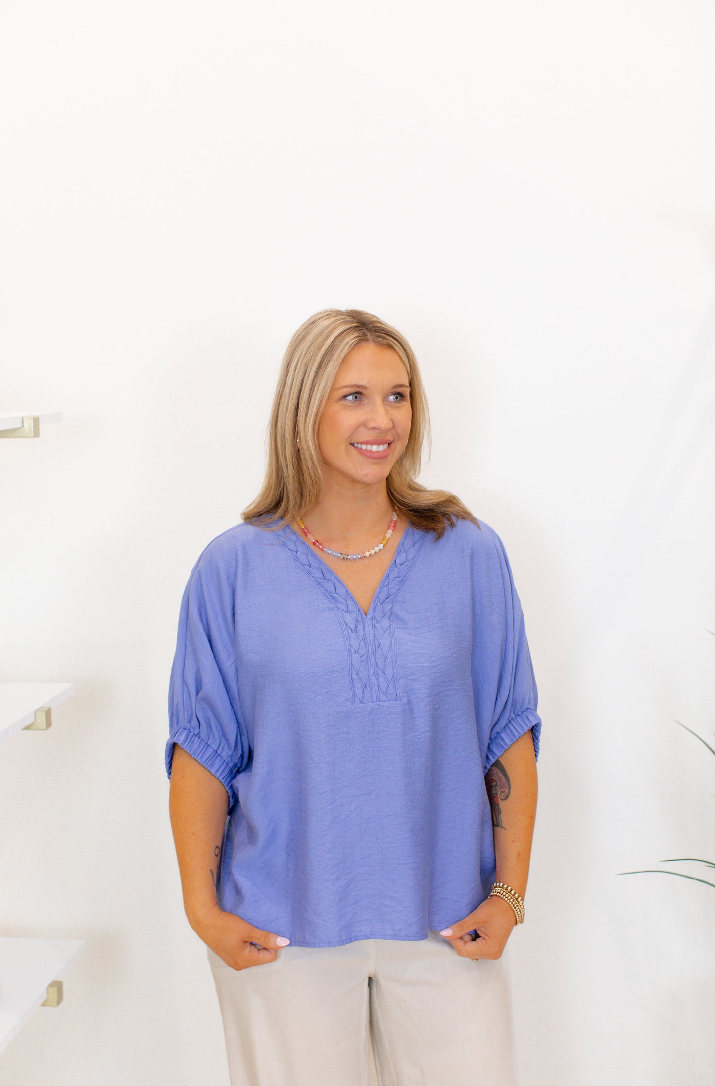 Solid Dolman Top Featuring V-Neck - Chambray