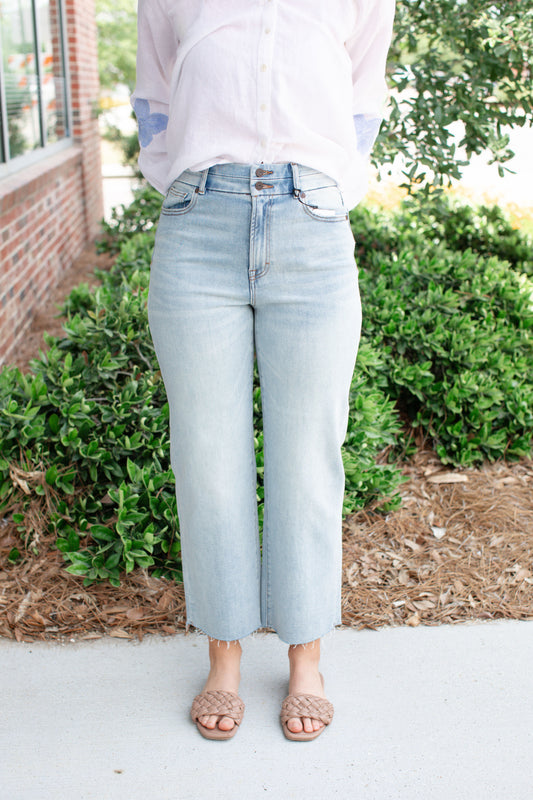 Light Wash Double Waist Band Stretch Wide Straight Jeans