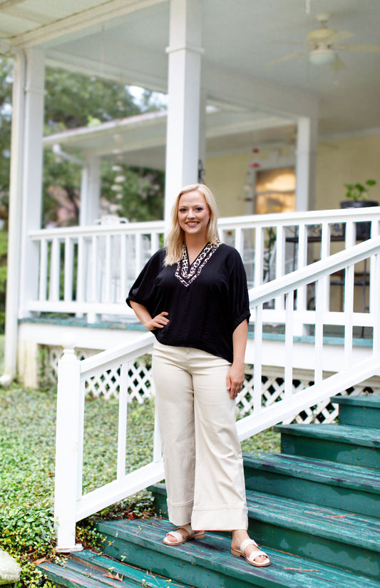 Black Cheetah Print V-Neck Blouse