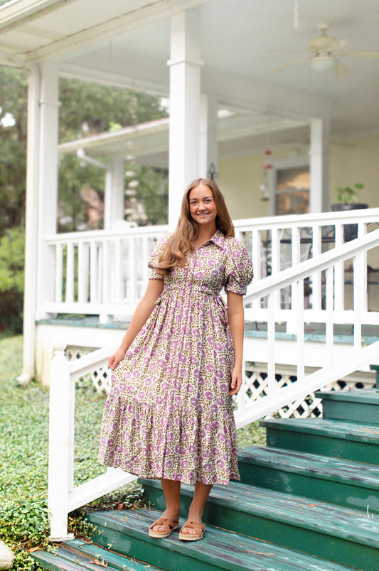 Purple Floral Button Down Side Ties Maxi Dress