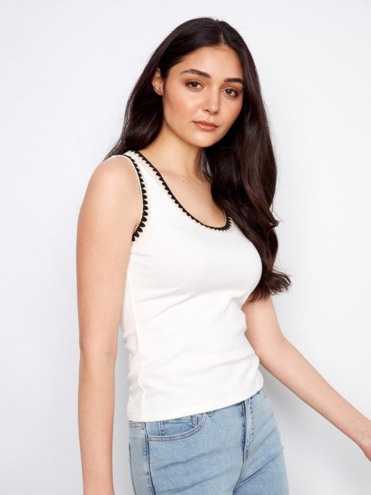 Interlock Knit Tank Top With Crochet Detail