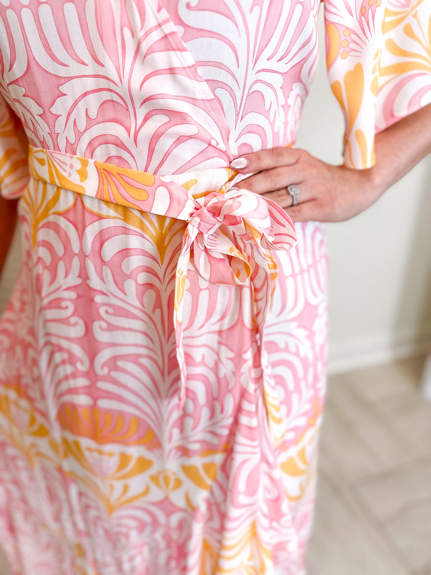 Printed Flutter Elbow Sleeve Fake Wrap Dress With Self Belt