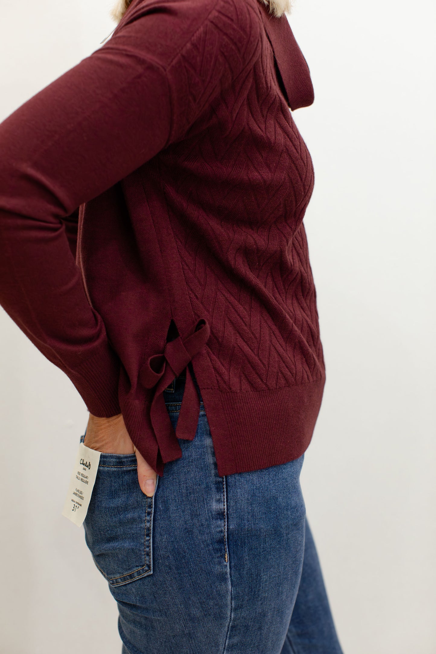 Cabernet Cowl Neck Sweater  With Side Slit And Tie details