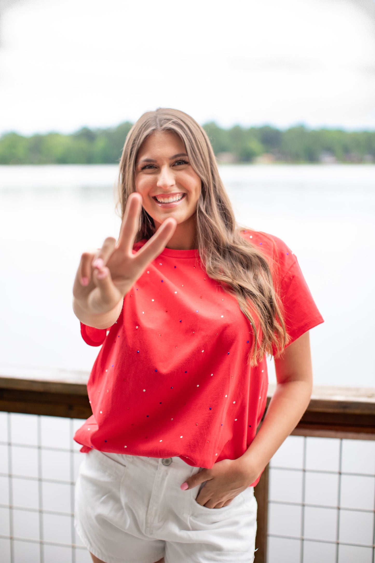 Red Short Sleeve Top With Red White Blue Rhinestones