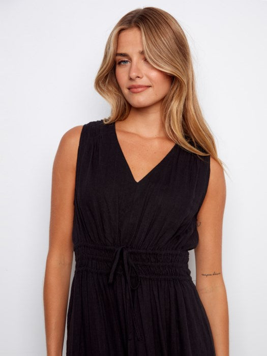 V-Neck Multi-Tiered Long Linen Dress-Black