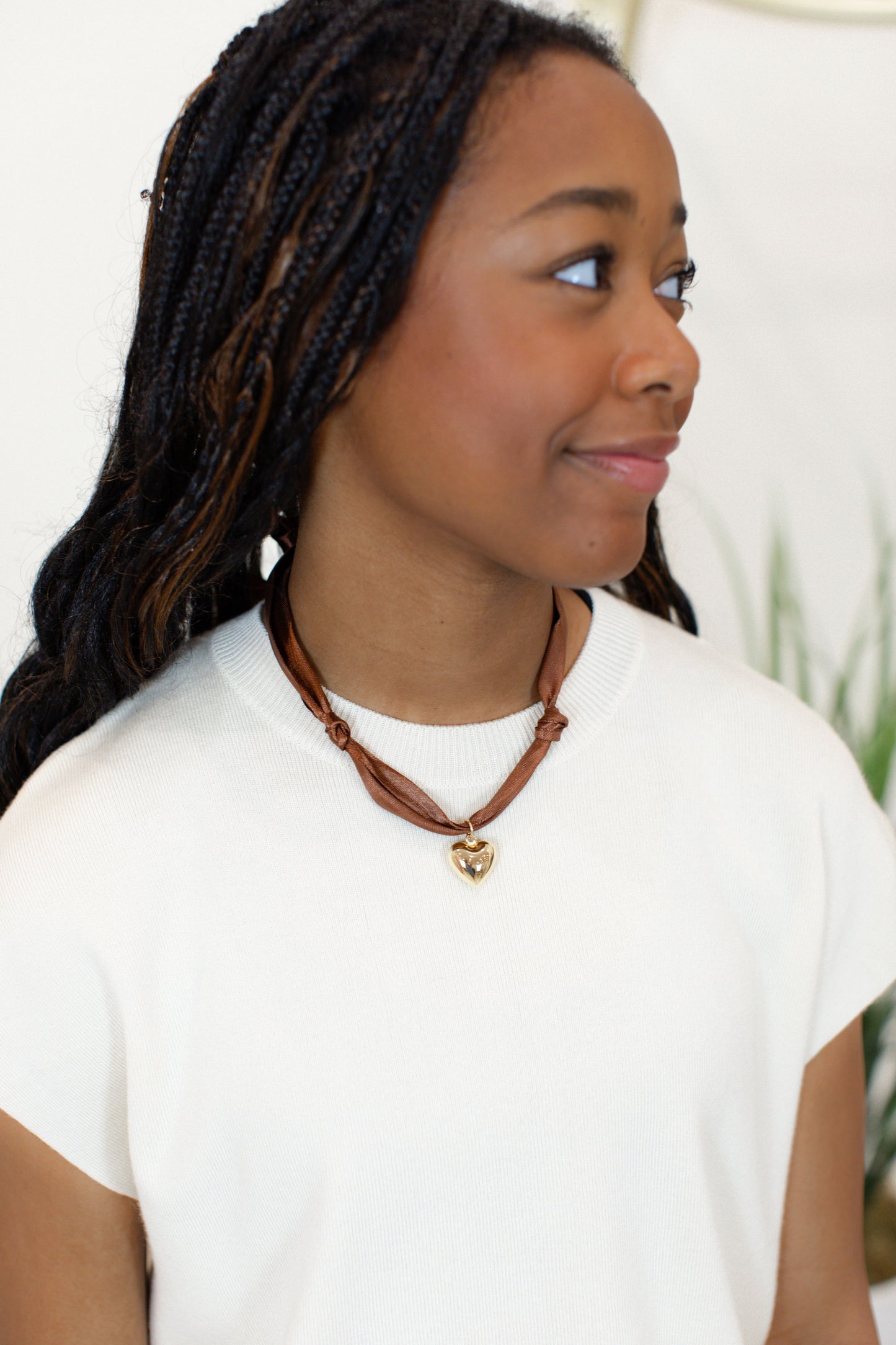 Brown Satin Scarf Necklace - Gold Puff Heart