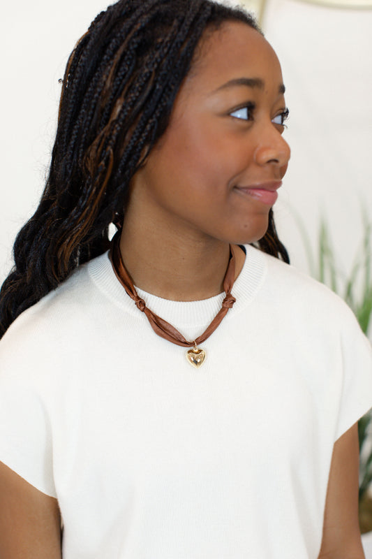 Brown Satin Scarf Necklace - Gold Puff Heart