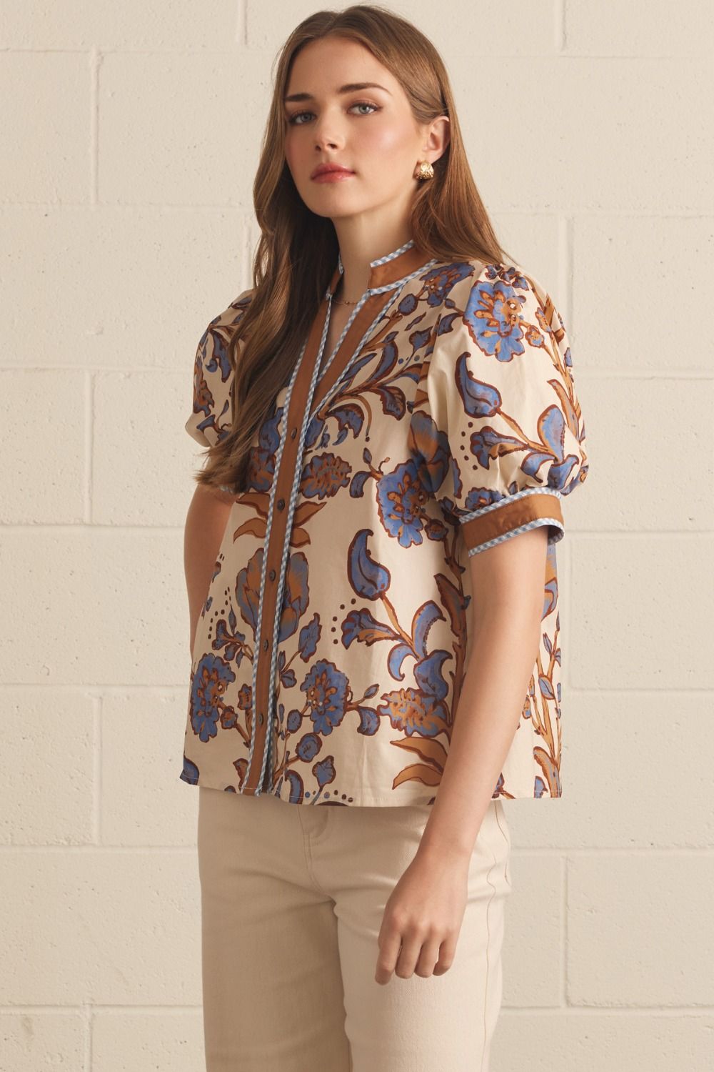 Cream Floral Print Short Puff Sleeve Top